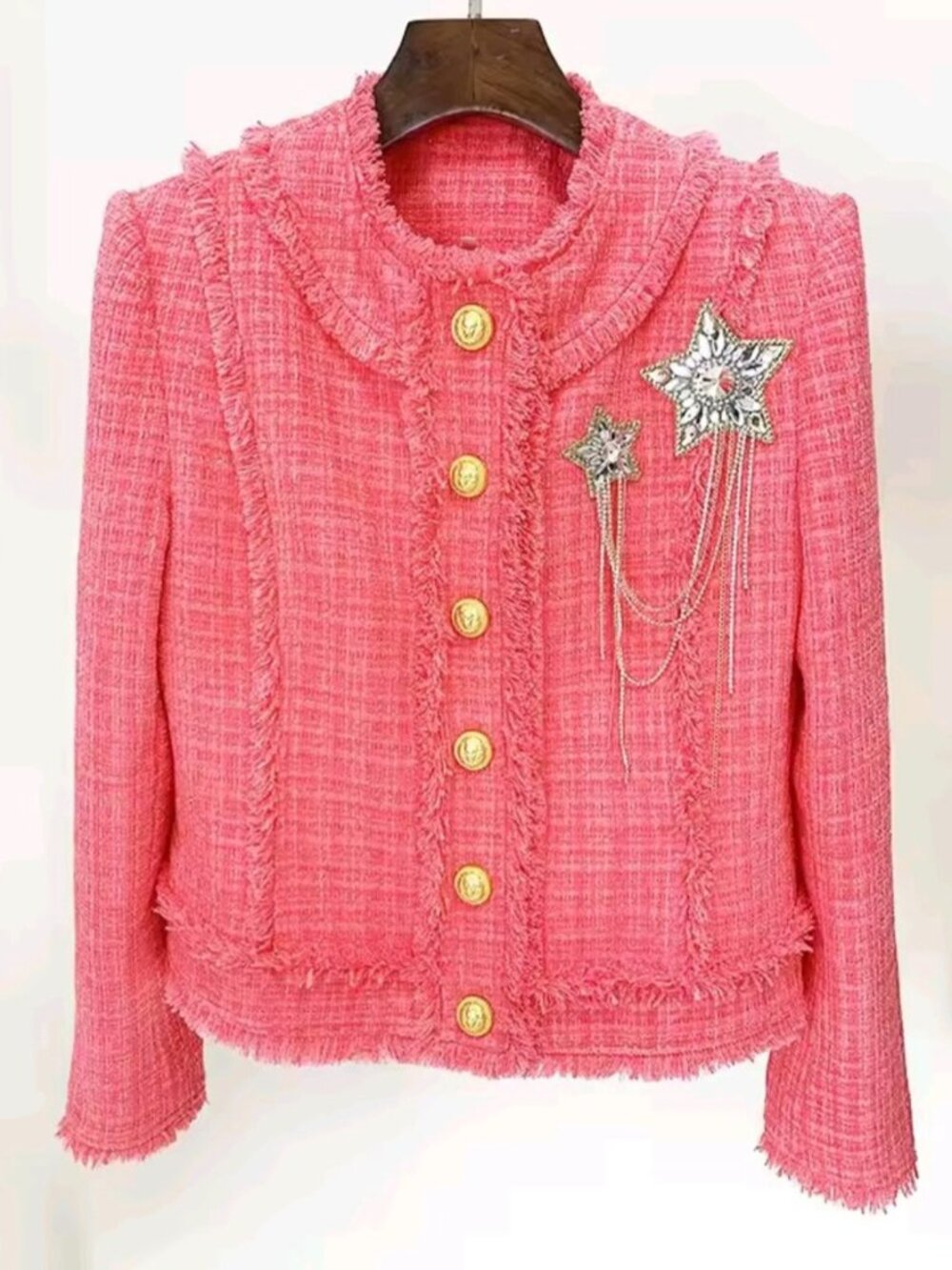 Runway Designer Fashion Women's Diamonds Rhinestone Beaded Tassel Tweed Jacket